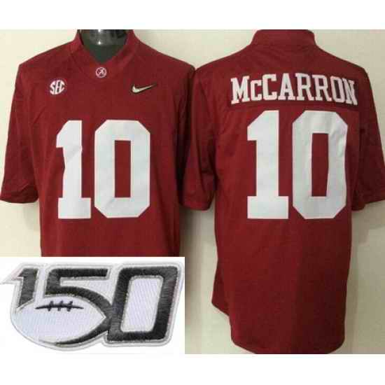 Alabama Crimson Tide 10 AJ McCarron Red With Silver Logo College Stitched 150th Anniversary Patch Jersey
